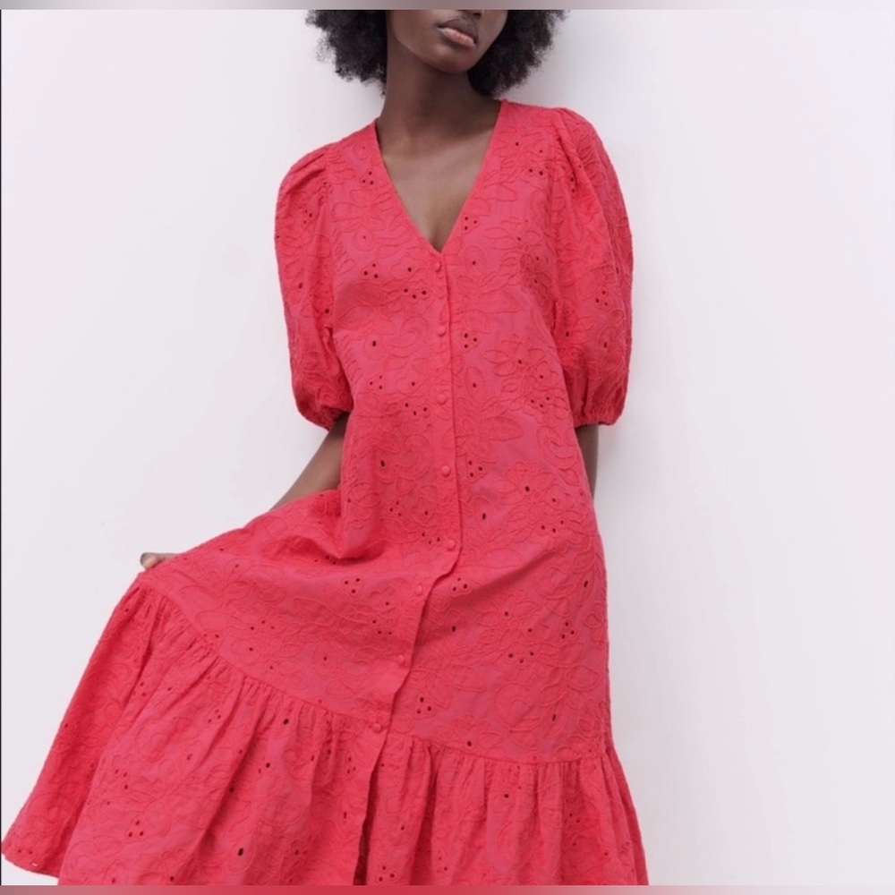 Pink Eyelet Midi Dress